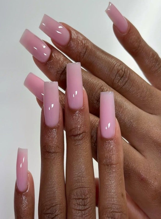 KQueenest Baby Pink Press on Nails Long Medium Square, Light Rose Pink Fake Nails Medium Coffin, Glossy Sheer Color Acrylic Nails Press ons, Reusable Bright Soft Gel Glue on Nails for Women Summer - Image 1